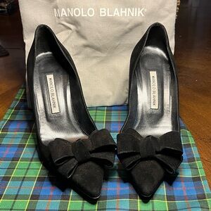 Manolo Blahnik Black Suede Heels with Bow